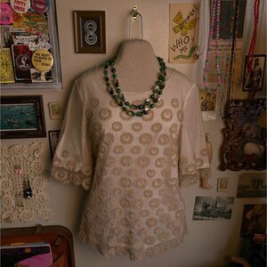 3.1 Phillip Lim Crochet Lace Blouse Women's 2 XS Beige Cream 3/4 Sleeve